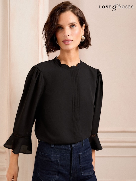 Love & Roses Black 3/4 Flute Sleeve Blouse (AL2842) | £29