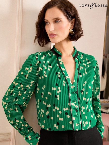 Love & Roses Green Spot PU Detail Notch Neck Pleated Long Sleeve Blouse (AL2853) | £40