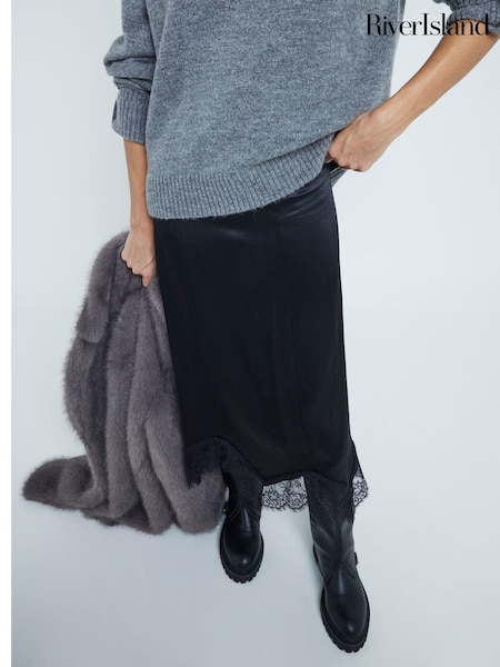 River Island Black Lace Hem Midi Satin Skirt (AL3170) | £14