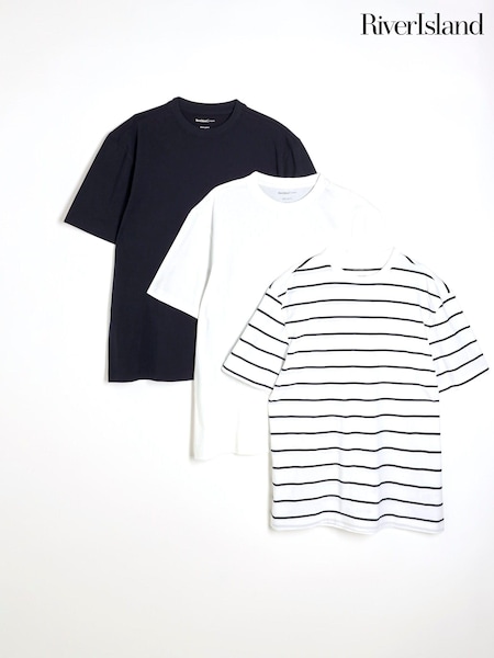 River Island White Slim Fit Stripe Mixed T-Shirts 3 Pack (AL3357) | £30