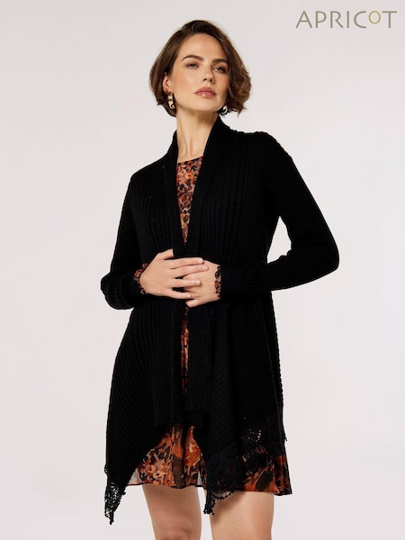 Apricot Black Ribbed Waterfall Crochet Edge Cardigan (AL3380) | £35
