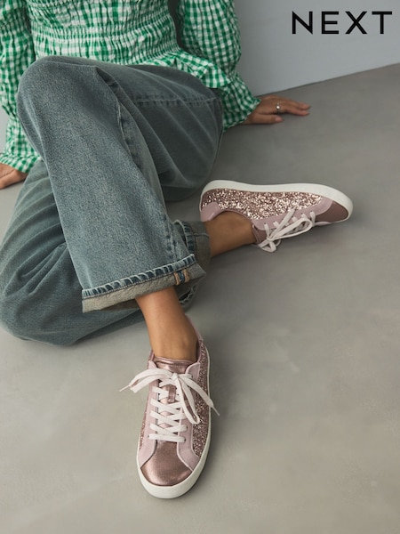 Pink Forever Comfort® Glitter Detail Round Toe Lace-Up Trainers (AL3520) | £36