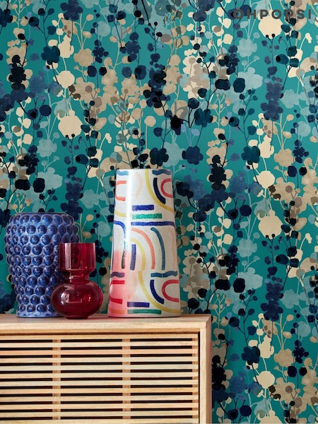 Ohpopsi Teal Natural Blossom 10M Wallpaper (AL3544) | £73