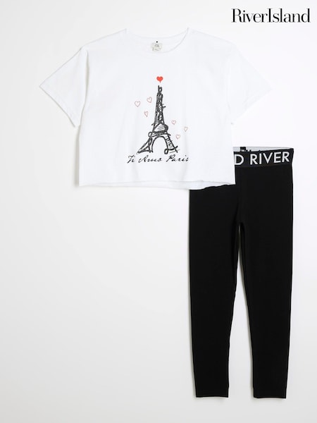 River Island White Girls Eiffel Tower 100% Cotton T-Shirt and Legging Set (AL3884) | £18
