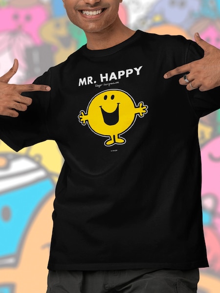 Star Editions Mr. Men Little Miss Mr. Happy 100% Cotton Black T-Shirt (AL3960) | £15