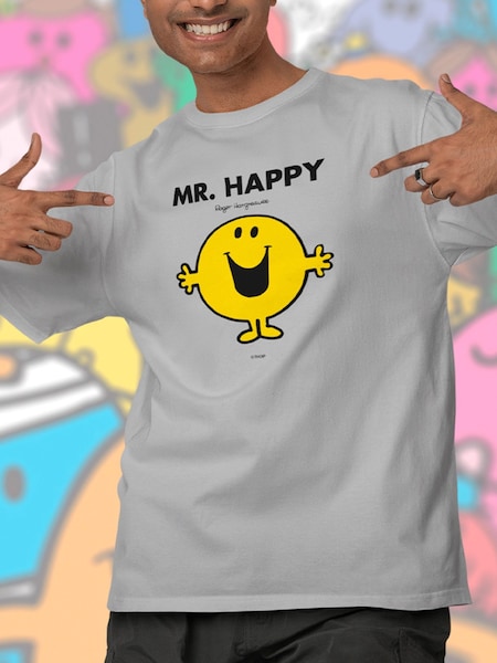 Star Editions Mr. Men Little Miss Mr. Happy Grey 100% Cotton T-Shirt (AL3965) | £20