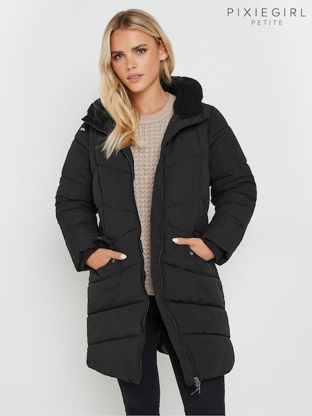 PixieGirl Petite Black Borg Hooded Midi Padded Coat (AL4047) | £80