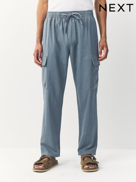 Blue Slate Regular Tapered Fit Linen Cotton Cargo Trousers (AL4189) | £32