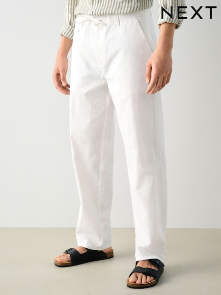 White Relaxed Fit Linen Cotton Chino Trousers (AL4190) | £30