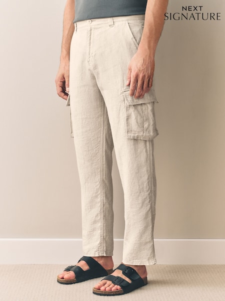 Light Stone Regular Fit Signature 100% Linen Cargo Trousers (AL4206) | £45