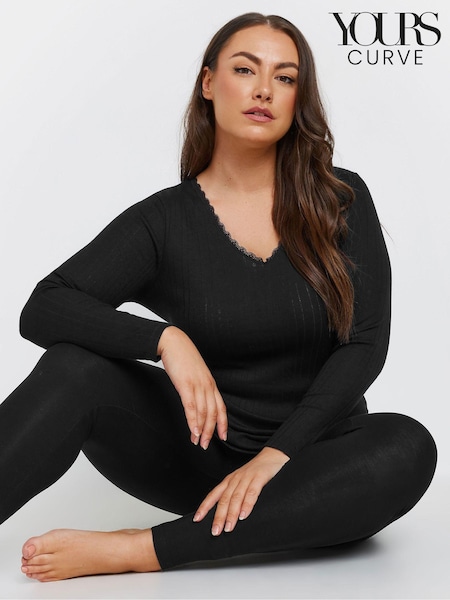 Yours Curve Black Pointelle Thermal Long Sleeve Top (AL4376) | £21