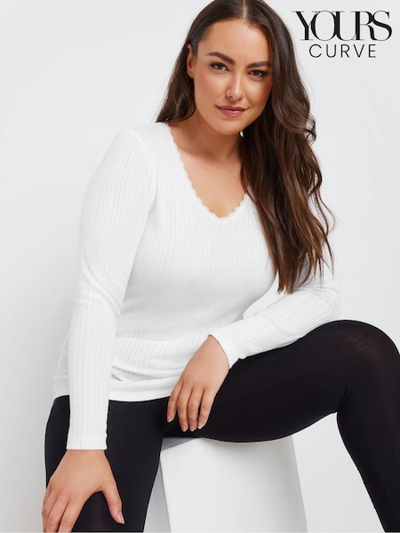 Yours Curve White Pointelle Thermal Long Sleeve Top (AL4442) | £21