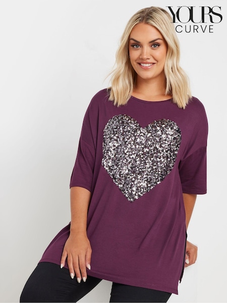 Yours Curve Purple Heart Embellished T-Shirt (AL4446) | £24