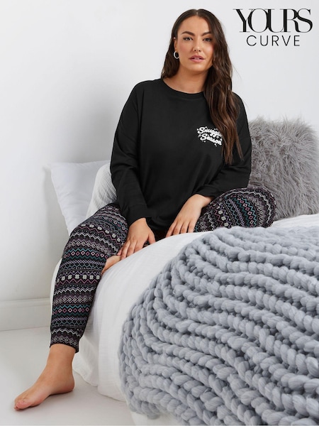Yours Curve Black Snuggle Long Sleeve 100% Cotton Pyjamas Set (AL4479) | £28