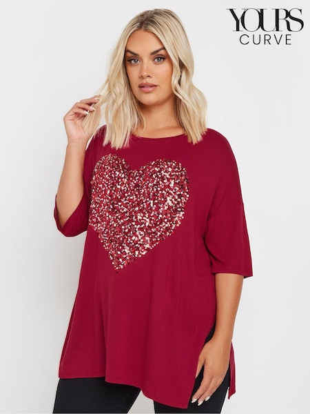 Yours Curve Red Heart Embellished T-Shirt (AL4512) | £24