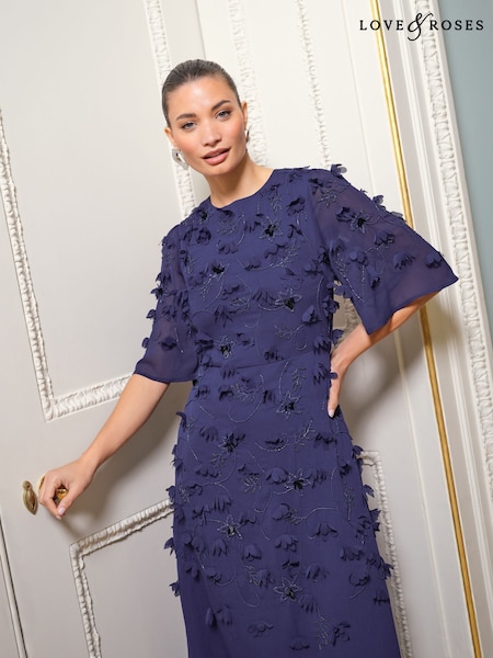 Love & Roses Blue 3D Floral Angel Sleeve Midi Dress (AL4527) | £129