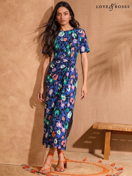 Love & Roses Blue Animal Tie Side Petite Jersey Midi Dress (AL4550) | £42