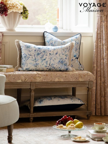 Voyage Maison Blue Daphne Floral Ruched Fringe Cushion (AL4798) | £42