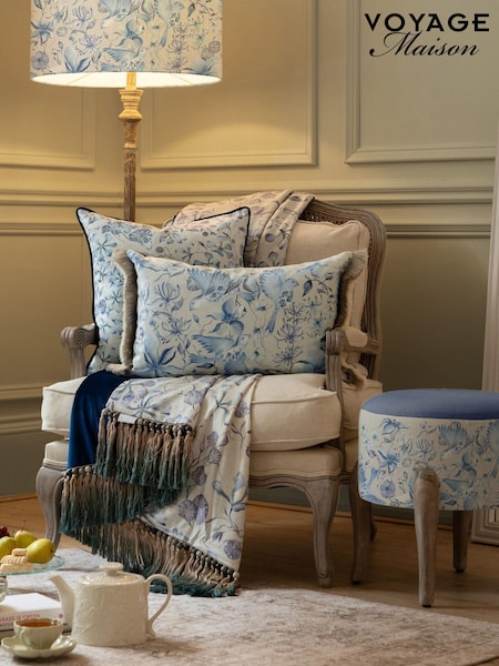 Voyage Maison Blue Floella Printed Ruched Fringe Cushion (AL4812) | £42