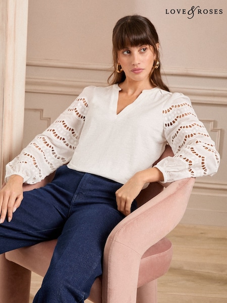 Love & Roses Ivory Jersey Broderie Long Sleeve 100% Cotton Top (AL4856) | £32