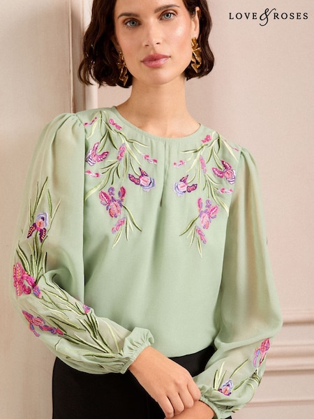 Love & Roses Green Floral Print Embroidered Keyhole Detail Crew Neck Long Sleeve Blouse (AL4860) | £44