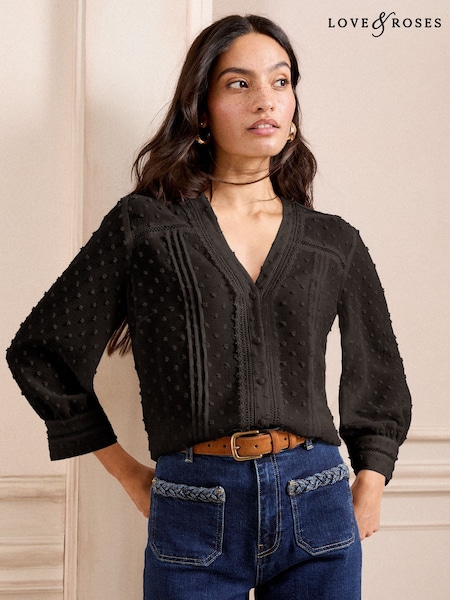 Love & Roses Black Dobby Notch Neck 3/4 Sleeve Blouse (AL4862) | £36