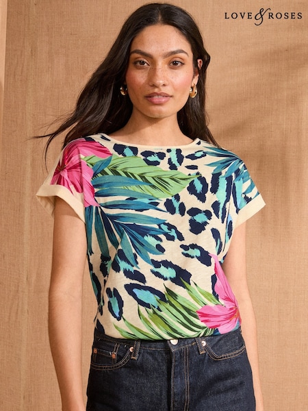 Love & Roses Animal Tropical Print Petite Crew Neck Jersey T-Shirt (AL4872) | £26