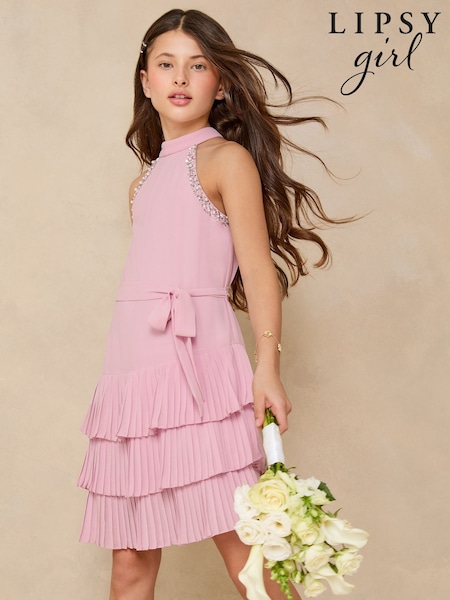 Lipsy Pink Halter Embellished Tiered Occasion Dress (5-16yrs) (AL4933) | £47 - £55