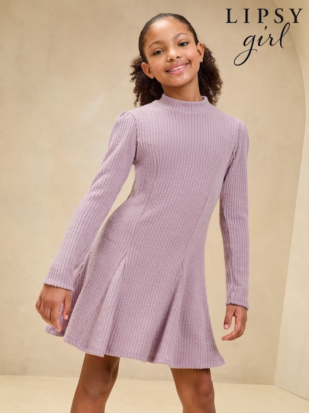 Lipsy Mauve Purple Long Sleeve Rib Knit Dress (5-16yrs) (AL4941) | £28 - £36