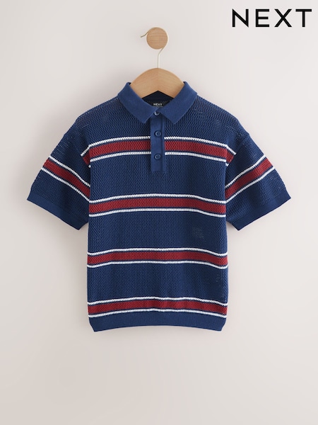 Navy Blue 100% Cotton Short Sleeve Stripe Knitted Polo Shirt (3-16yrs) (AL4955) | £14 - £19