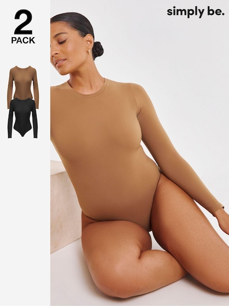 Simply Be Brown Magisculpt Smoothing Long Sleeve Bodysuit 2 Pack (AL5011) | £40