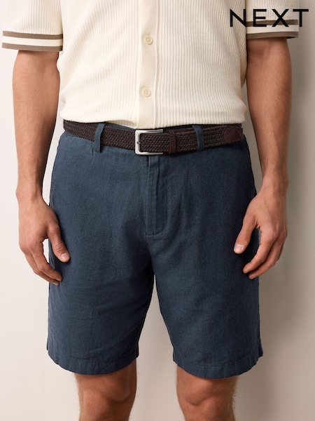 Navy Linen Cotton Chino Shorts with Belt Included (AL5267) | £30