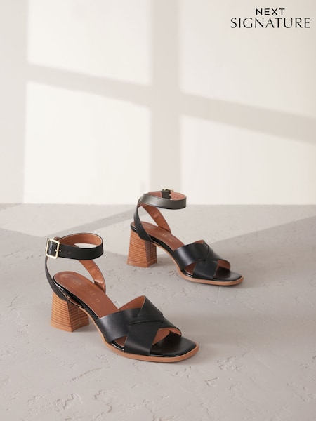 Black Leather Signature Square Toe Cross-Over Detail Ankle Strap Block Sandals (AL5338) | £75