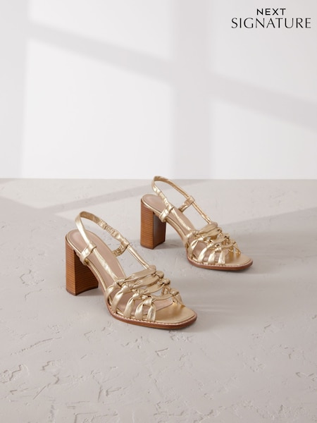 Gold Signature Premium Leather Square Toe Cage Slingback Block Heel Sandals (AL5344) | £75