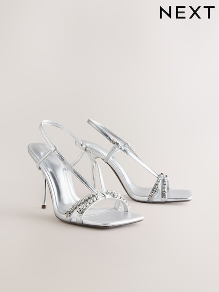 Silver Forever Comfort® Square Toe Jewel Detail Sling Back Sandals (AL5346) | £38