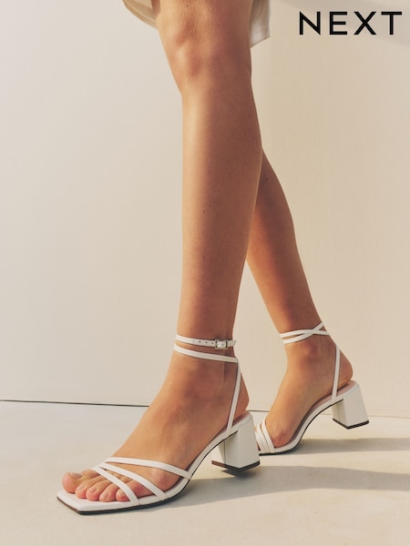White Forever Comfort® Square Toe Leather Strappy Low Block Sandals (AL5356) | £46