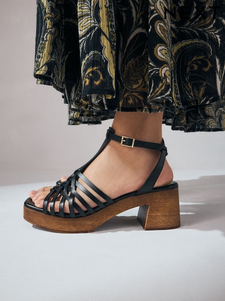 Black Signature Premium Leather Square Toe Weave Clog Block Heel Sandal Shoes (AL5360) | £60