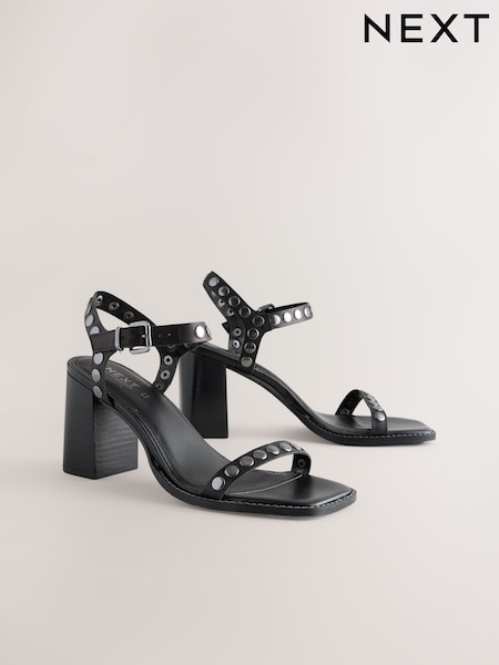 Black Forever Comfort® Leather Square Toe Hardware Detail Block Sandals (AL5366) | £48