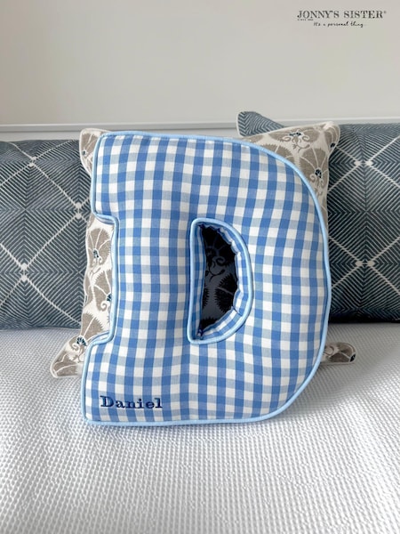 Embroidered Letter Cushion in Blue Gingham by Jonnys Sister (AL5422) | £70