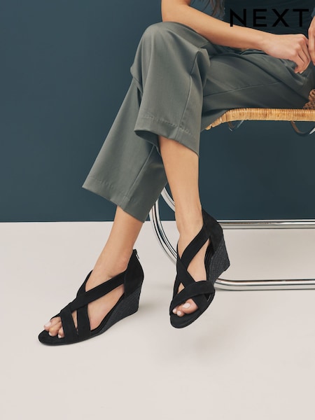 Black Forever Comfort® Premium Leather With Motionflex Soft Twist Espadrille Wedges (AL5625) | £62