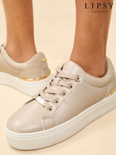 Lipsy Nude Standard Fit Flat Chunky Flatform Stripe Lace Up Trainers (AL5638) | £46
