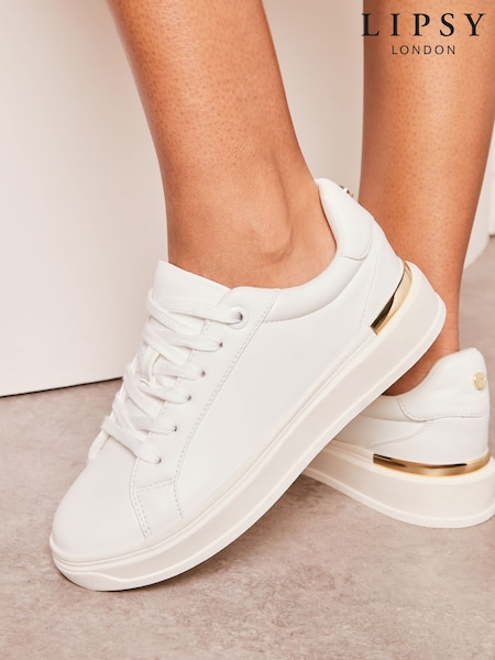 Lipsy White Flat Chunky Lace Up Metal Clip Faux Leather Trainer (AL5652) | £39