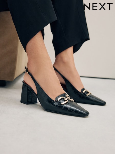 Black Extra Wide Fit Forever Comfort® Square Toe Hardware Slingback Block Heels (AL5662) | £34