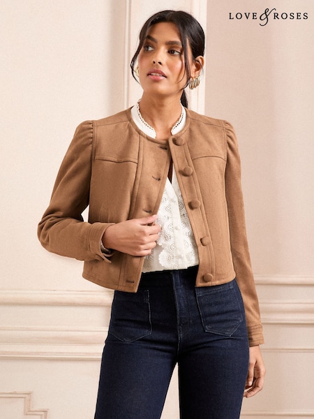 Love & Roses Brown Faux Suede Collarless Puff Sleeve Jacket (AL5680) | £68