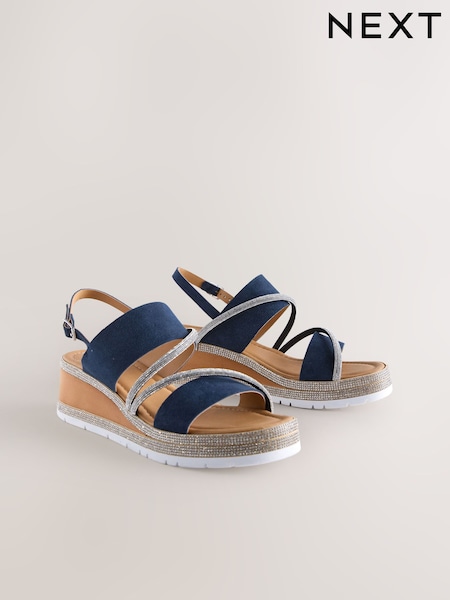 Navy Blue Standard/Wide Fit Forever Comfort® Leather Bling Detail Slingback Sports Wedge Sandals (AL5783) | £50