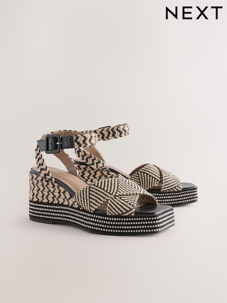 Black/White Forever Comfort® Square Toe Platform Espadrille Wedges (AL5785) | £49