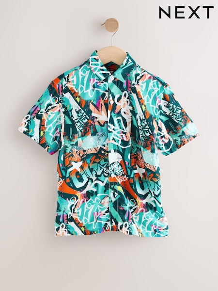 Teal Blue Short Sleeve Printed Shirt (3-16yrs) (AL5811) | £14 - £19