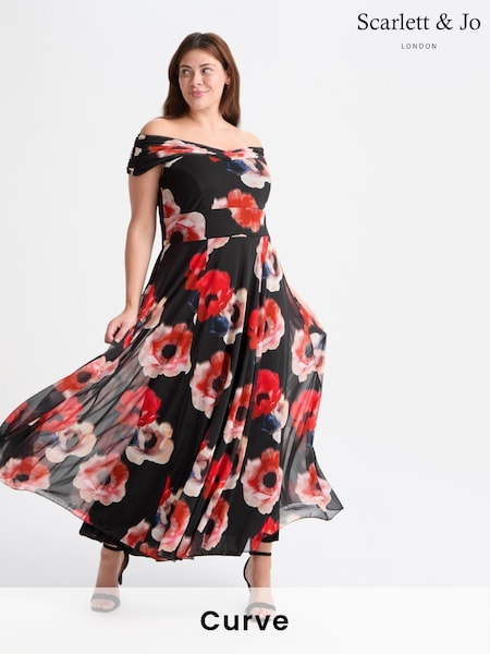 Scarlett & Jo Black Bardot Teal Red Print Maxi Dress (AL6449) | £95