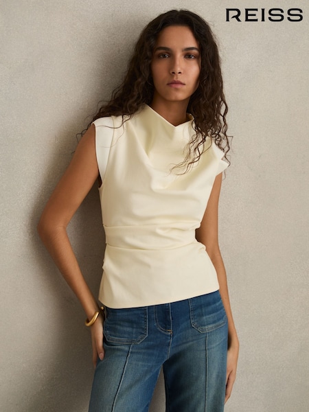Reiss Pale Yellow Cobi Draped Jersey-Twill Sleeveless Top (AL6658) | £128