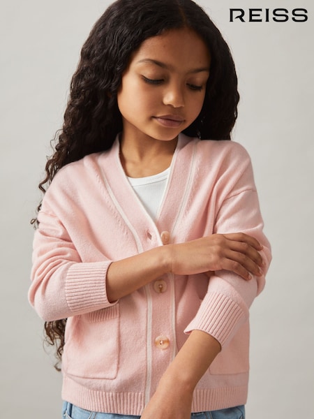 Reiss Pink Juni Wool-Blend Stripe-Detail Cardigan With Cashmere (AL6672) | £40